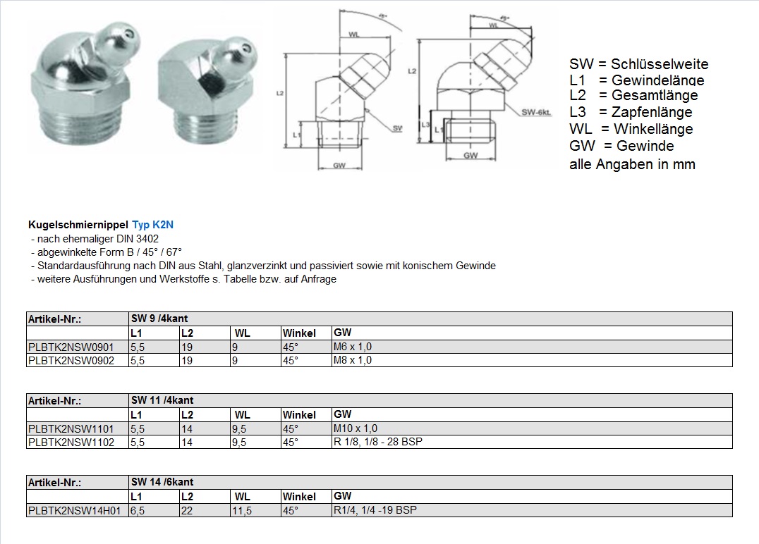 Ball-Type grease nipples K2N DE