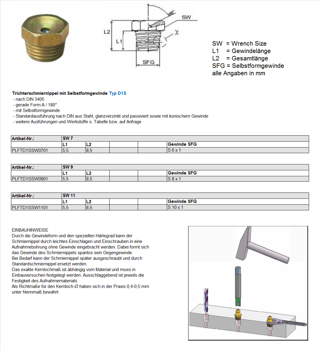 Flush-Type grease nipples D1S with self-forming thread DE1