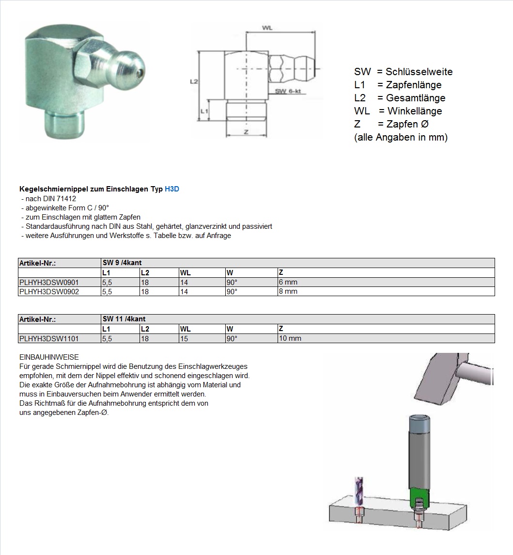 Hydraulic grease nipple Type H1-3D drive-in-version DE