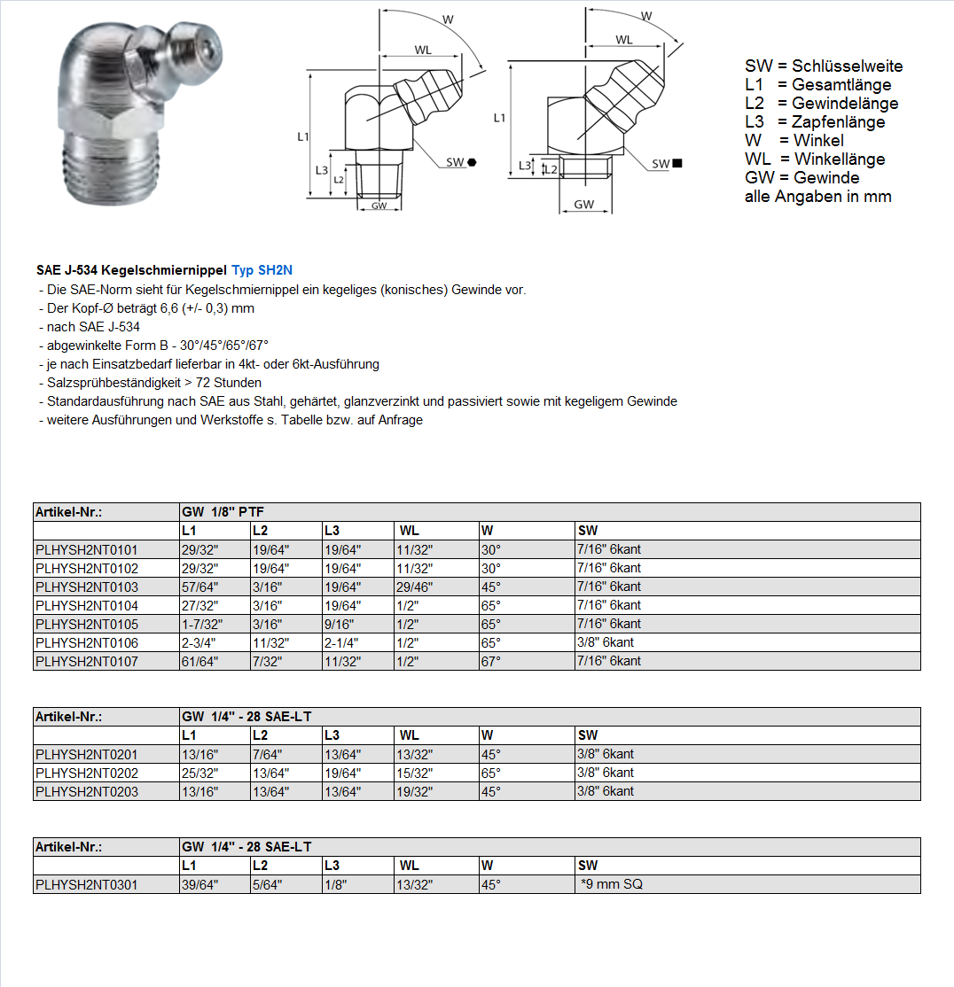 SAE J-534 Hydraulic-Type Grease Nipples Type SH2N DE